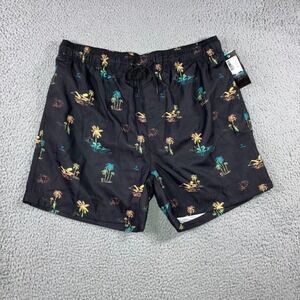 Burnside Swim Trunks Men XL Black‎ Lined Tropical Palm Tree Print Elastic Waist